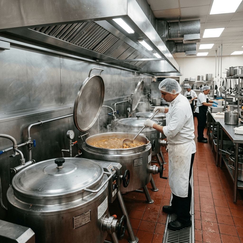Chef stirring food in large industrial steam kettle in professional kitchen